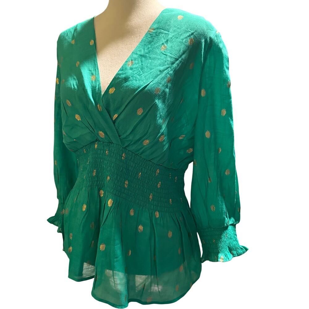 Harve Benard Green Gold Foil Dot Smocked Peplum Blouse, Women's XL, NWT